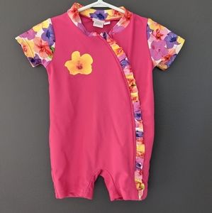 Pink floral one piece rashguard swimsuit